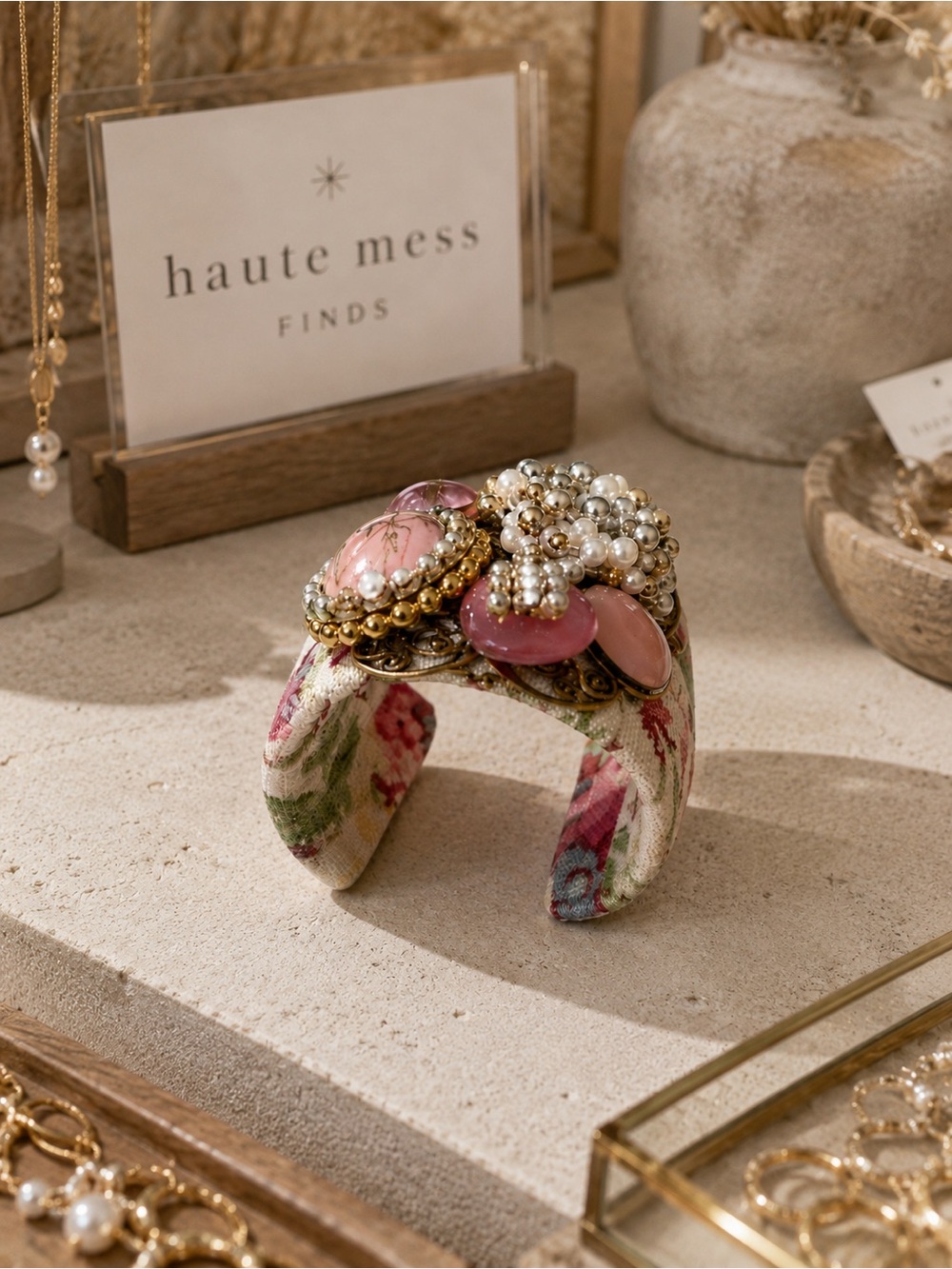 Boho Floral Fabric Cuff Bracelet w/ Faux Pearls & Pink Cabochon Statement Piece